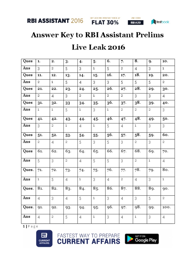 Answer Key To RBI Assistant Prelims Live Leak 2016 | PDF | Consonant ...