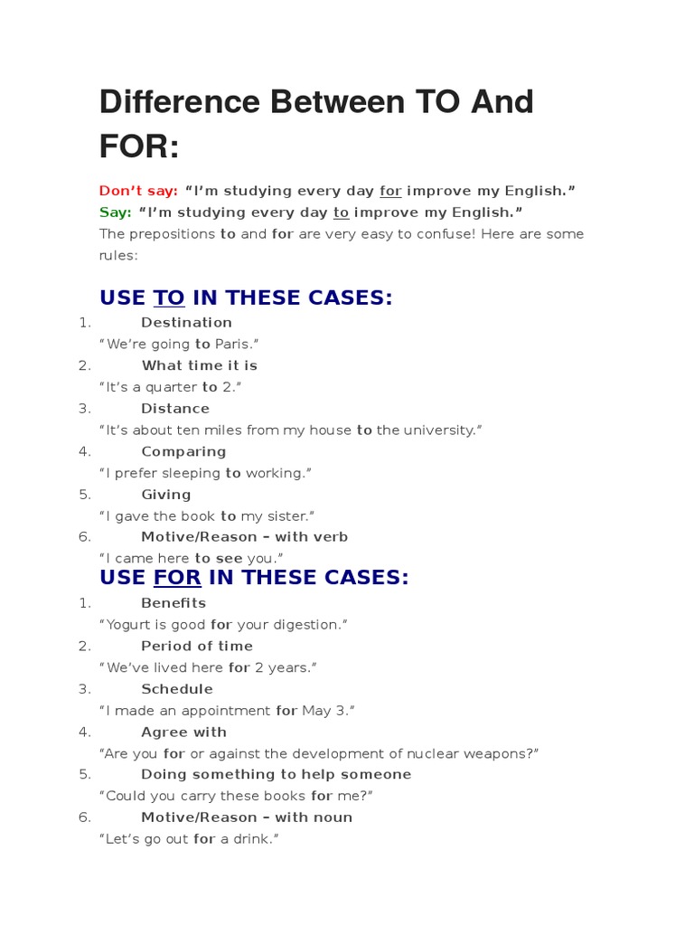 Difference Between To and For | PDF