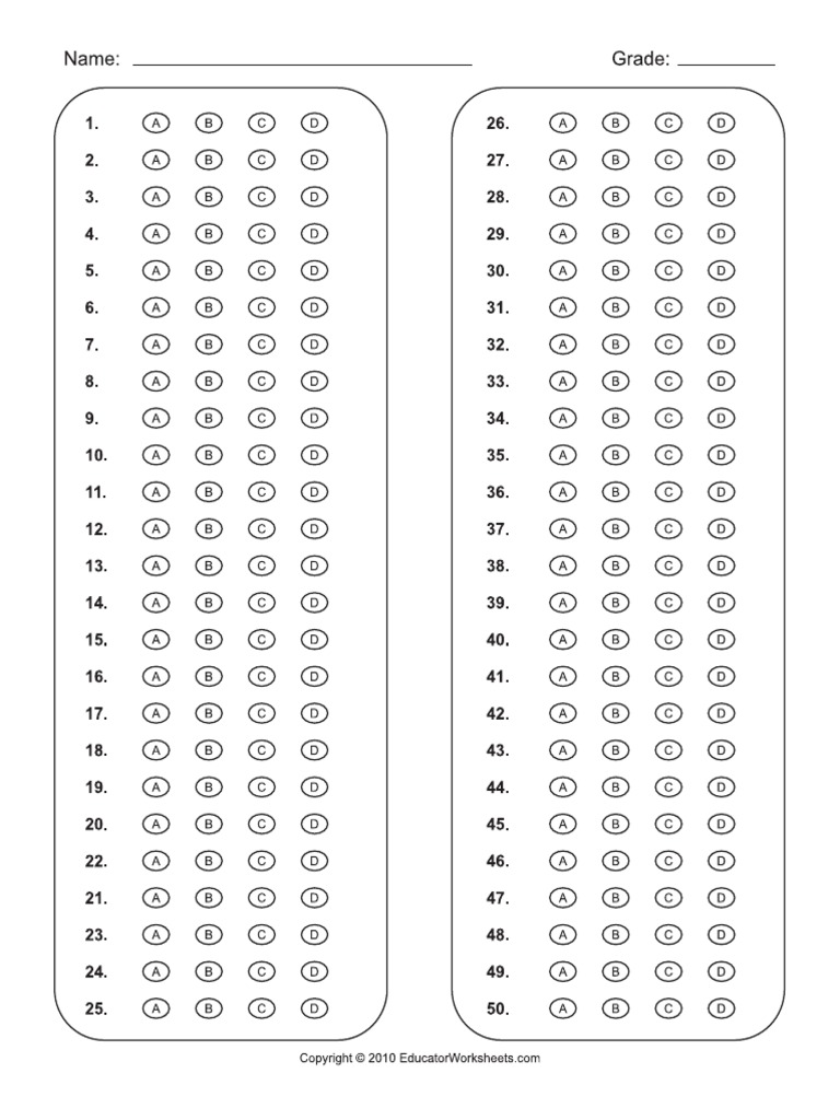 Bubble Answer Sheet 1-50 | PDF for Free Printable 1 50 With Blank 1 50