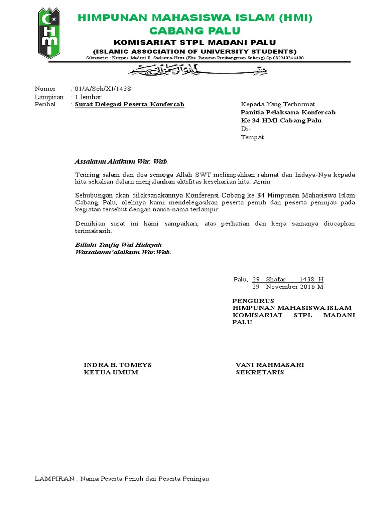 Contoh surat Delegasi HMI