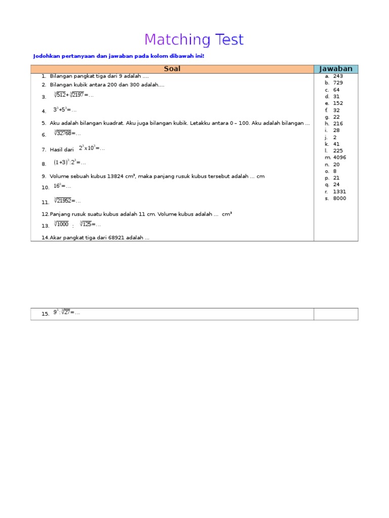 Soal Menjodohkan Kelas 6 Sd