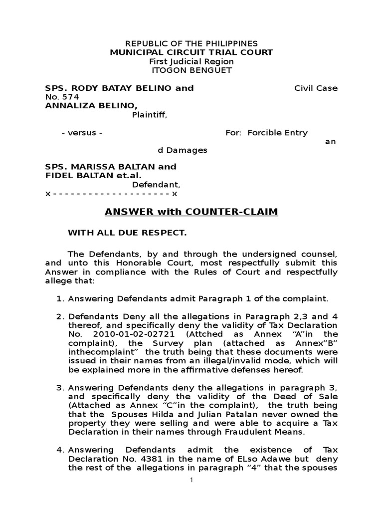 Municipal Circuit Trial Court Answer With CounterClaim PDF