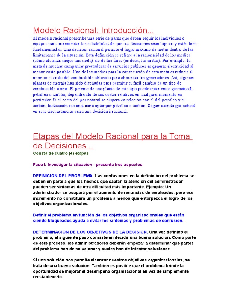 Modelo Racional en Toma de Decisiones | PDF | Racionalidad | Toma de ...