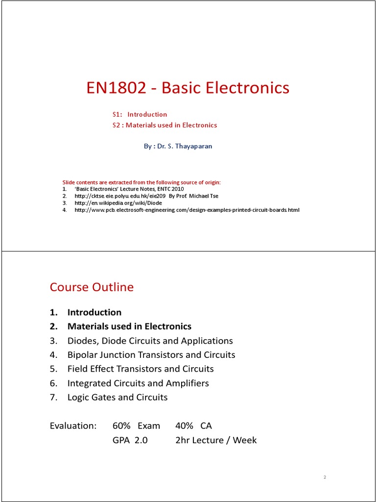 EN1802 Basic Electronics Course Outline PDF Semiconductors PN