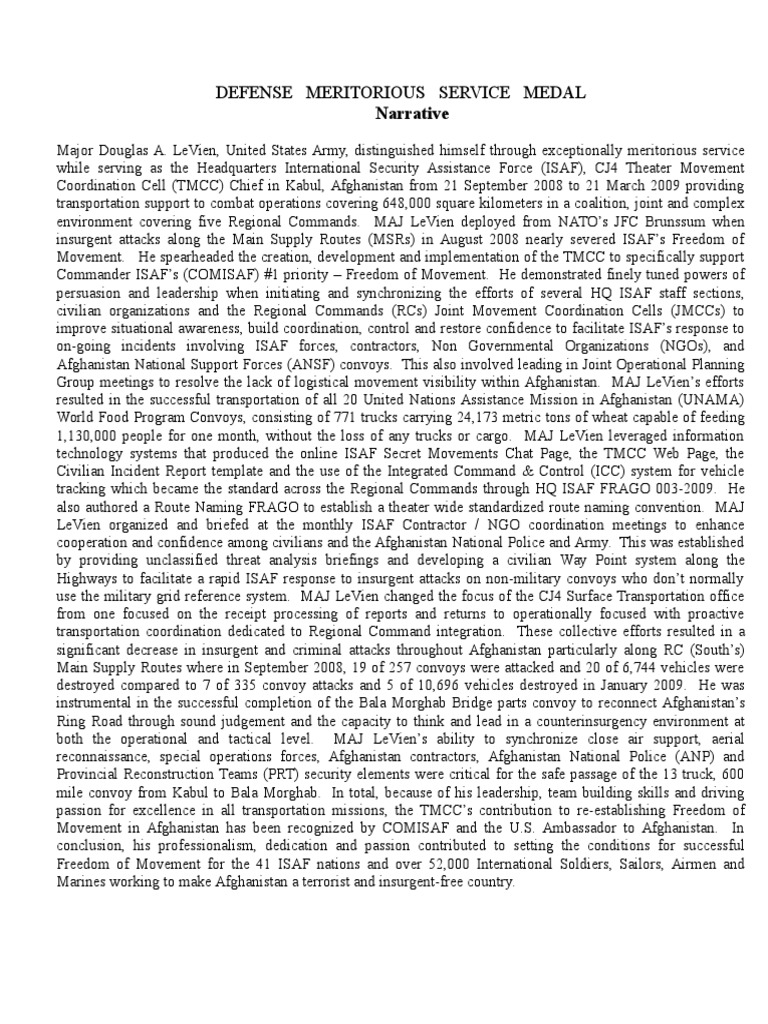 Defense Meritorious Service Medal Narrative PDF International