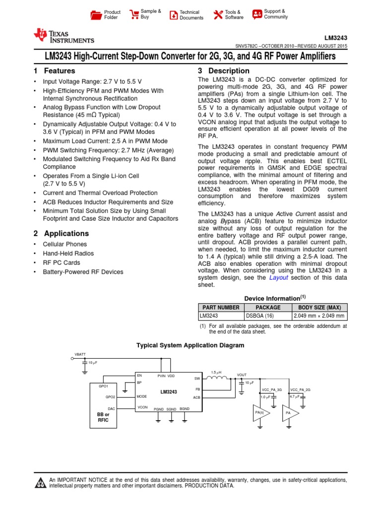 LM3243 HighCurrent StepDown Converter For 2G, 3G, and 4G RF Power