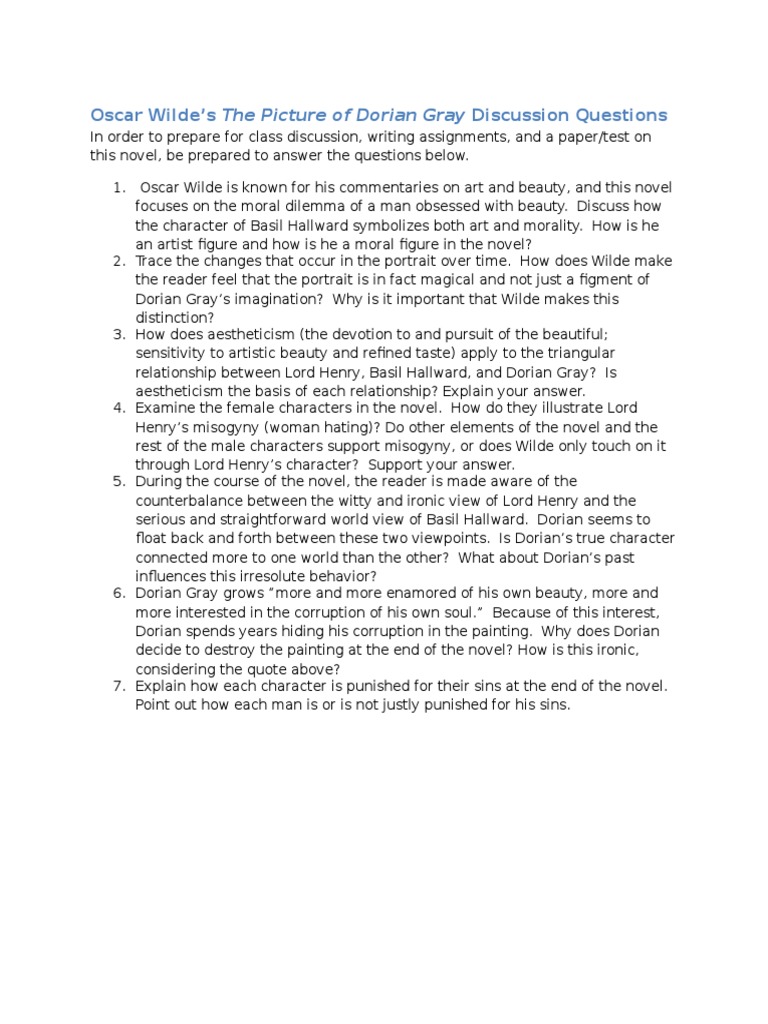 Dorian Gray Discussion Questions The Picture Of Dorian Gray Oscar Wilde