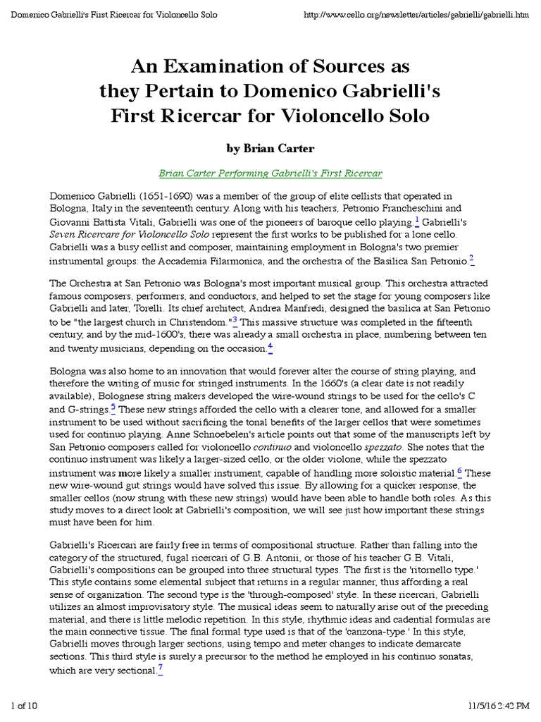 CARTER Domenico Gabrielli's First Ricercar For Violoncello Solo | PDF |  Cello | Recorder (Musical Instrument), image size:768x1024