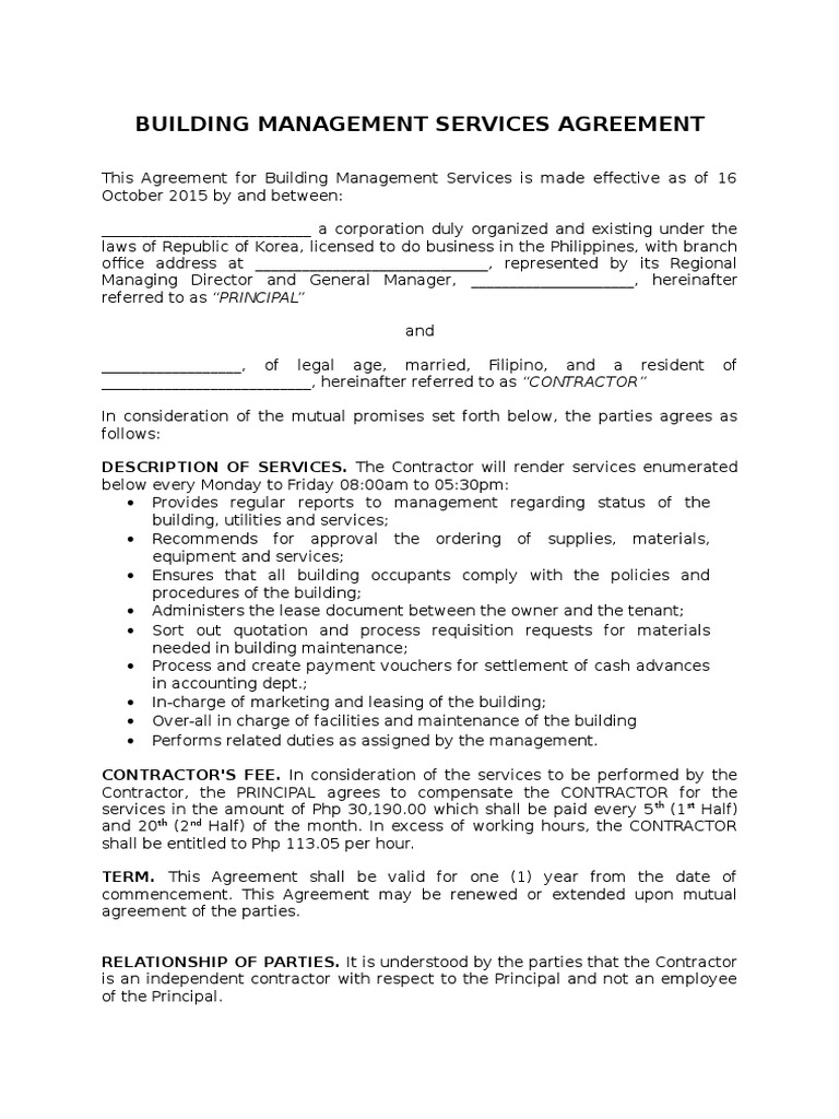 Building Management Services Agreement | PDF | Lease | Virtue