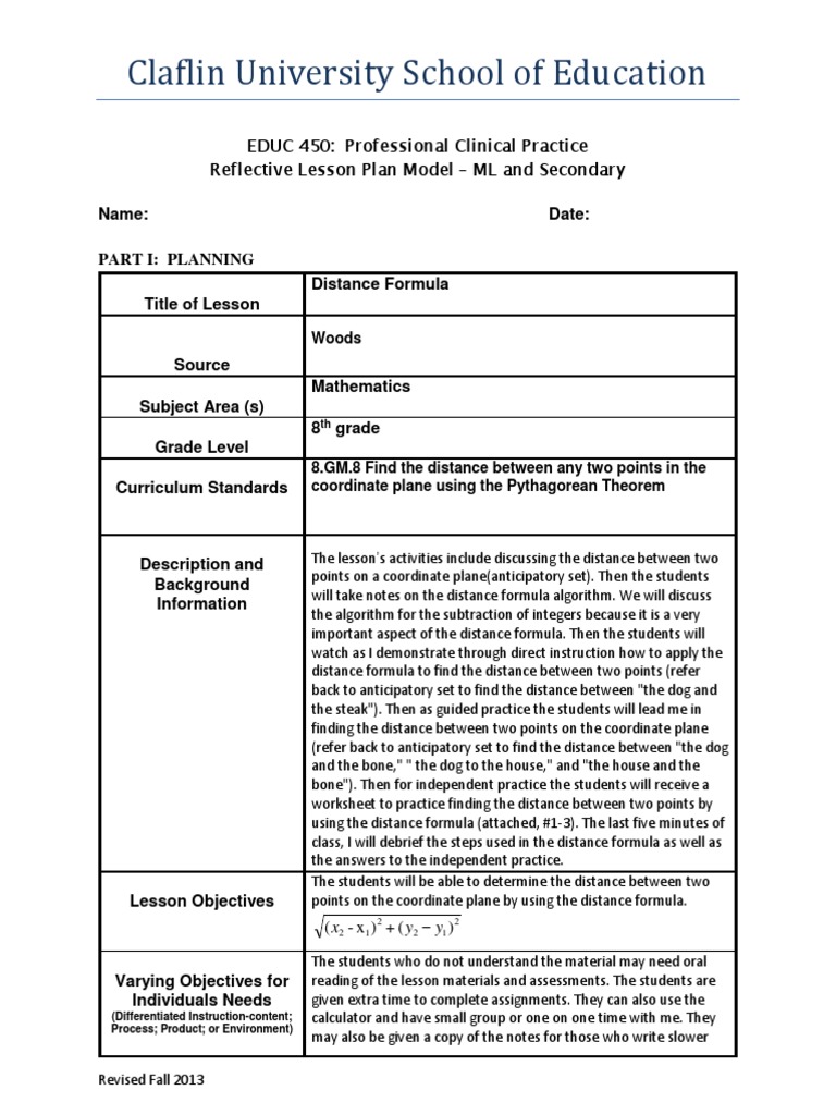 Lesson Plan Distance Formula