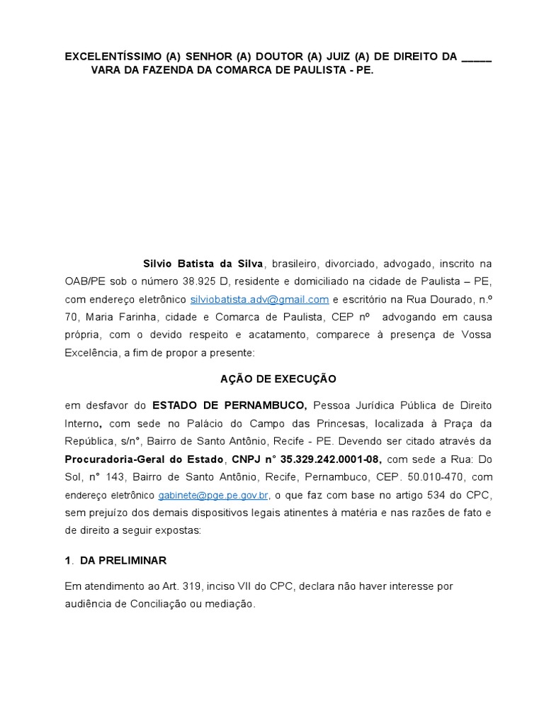 Petição Execução de Honorários Dativos PDF Julgamentos Sentença (Lei)