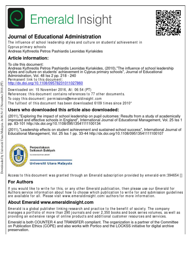 Impact of Leadership on Student Achievement | PDF | Multilevel Model ...