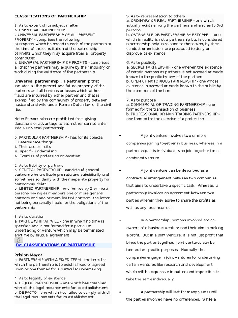 Classifications Of Partnership Docx Partnership Joint Venture