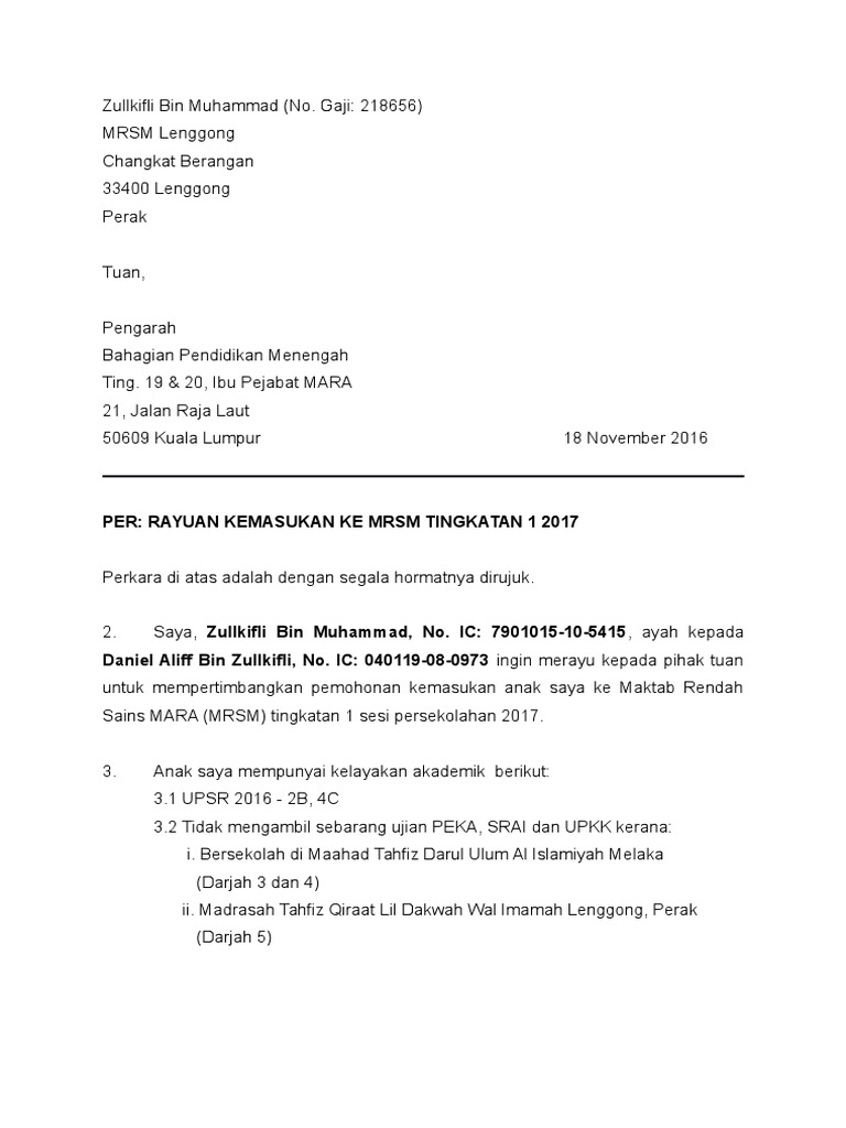 Surat Rayuan Kemasukan Ke Mrsm Pdf