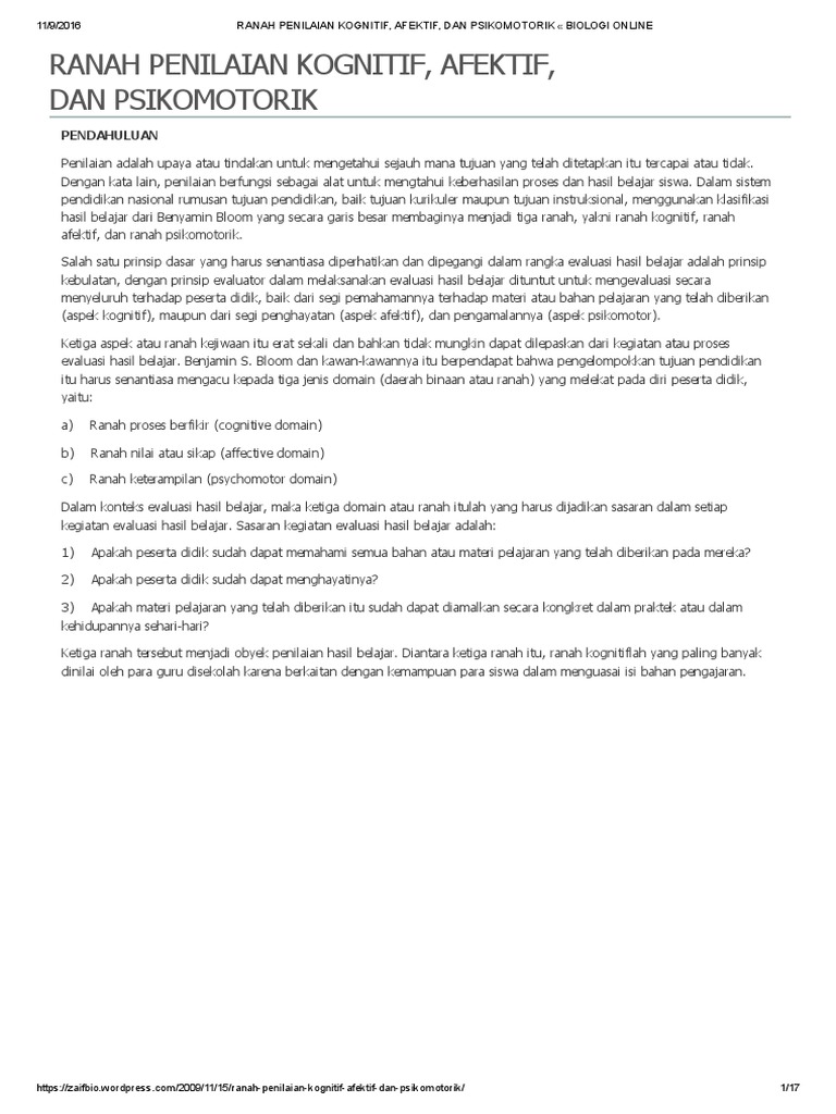 Ranah Penilaian Kognitif Afektif Dan Psikomotorik Biologi Online