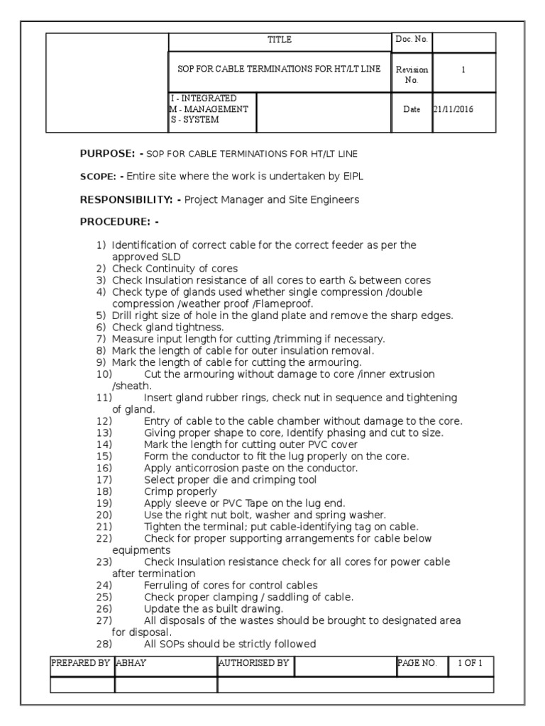SOP for HT/LT Cable Terminations | PDF
