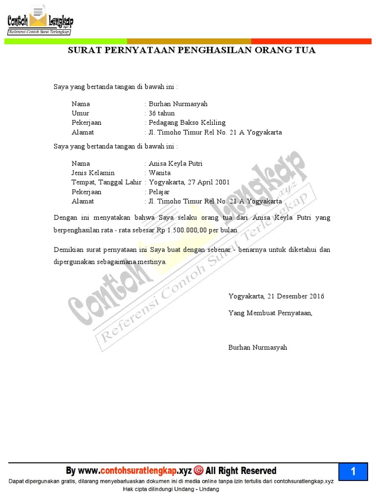 Contoh Surat Pernyataan Penghasilan Orang Tua Untuk Beasiswa Pdf