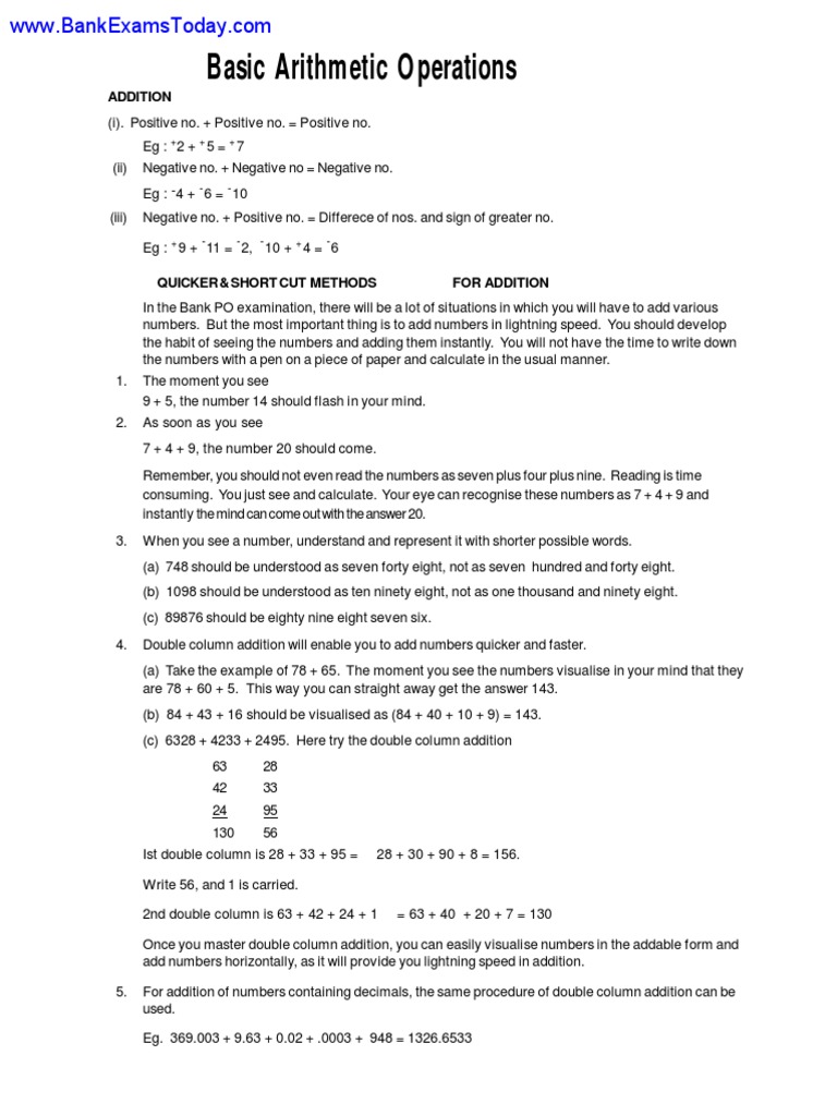 Quick Arithmetic Tips for Bank Exams | PDF | Subtraction | Discrete ...