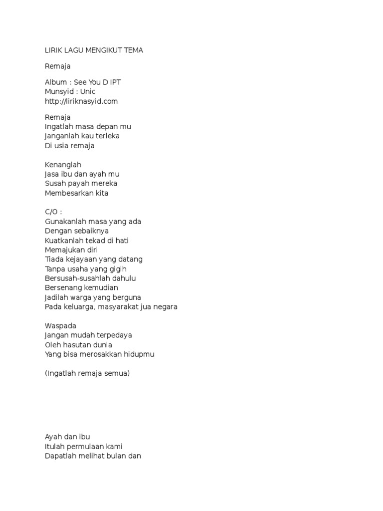 Lirik Lagu Mengikut Tema Pdf
