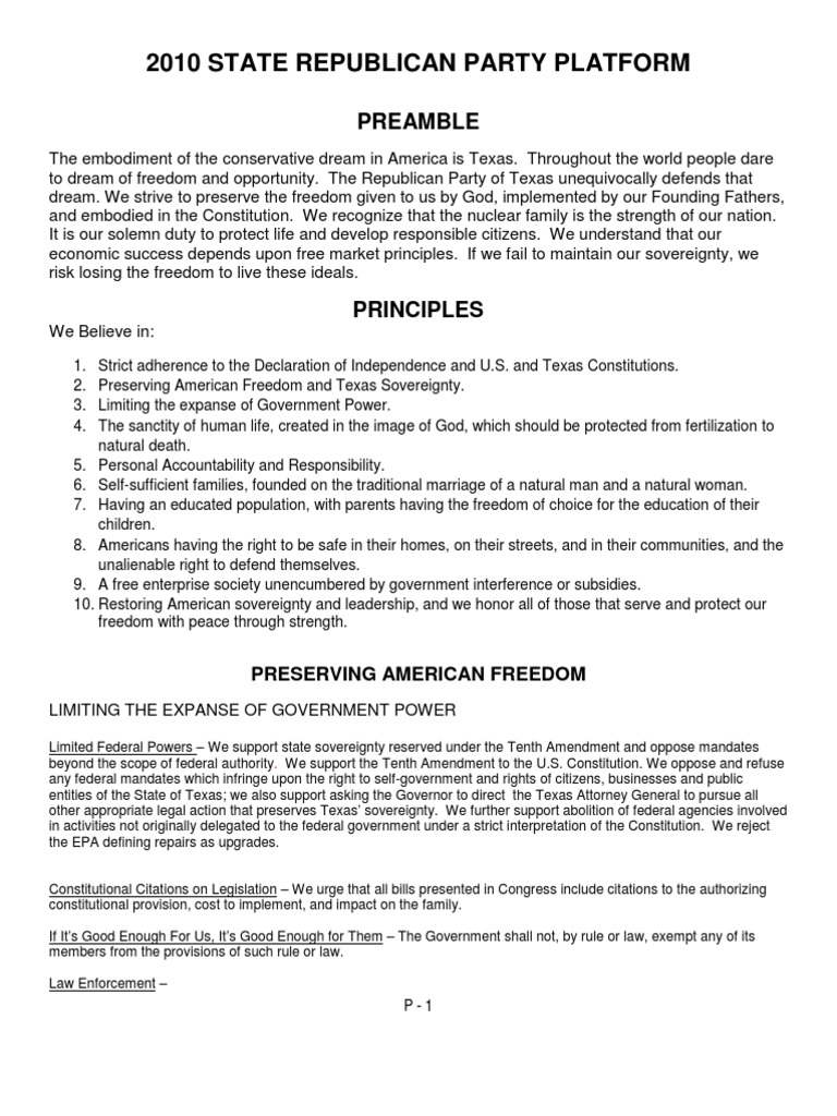 Texas GOP Platform of The Texas Republican Party PDF United