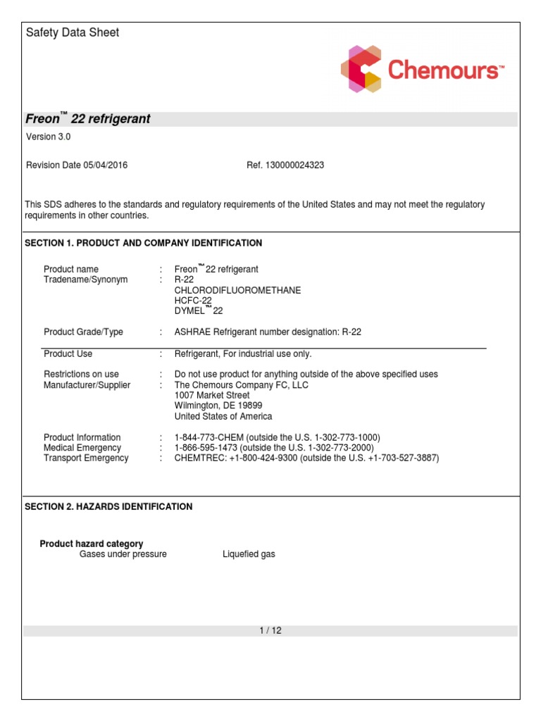 Chemours Freon R 22 MSDS (2) Fires Atmosphere Of Earth