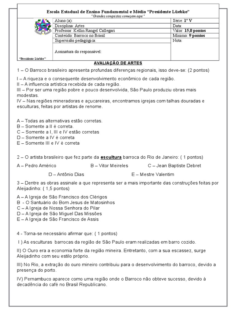 Questões Sobre O Barroco Brasileiro Com Gabarito