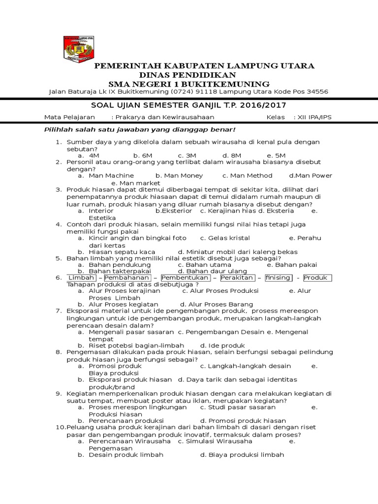 Soal Prakarya Kelas Xii