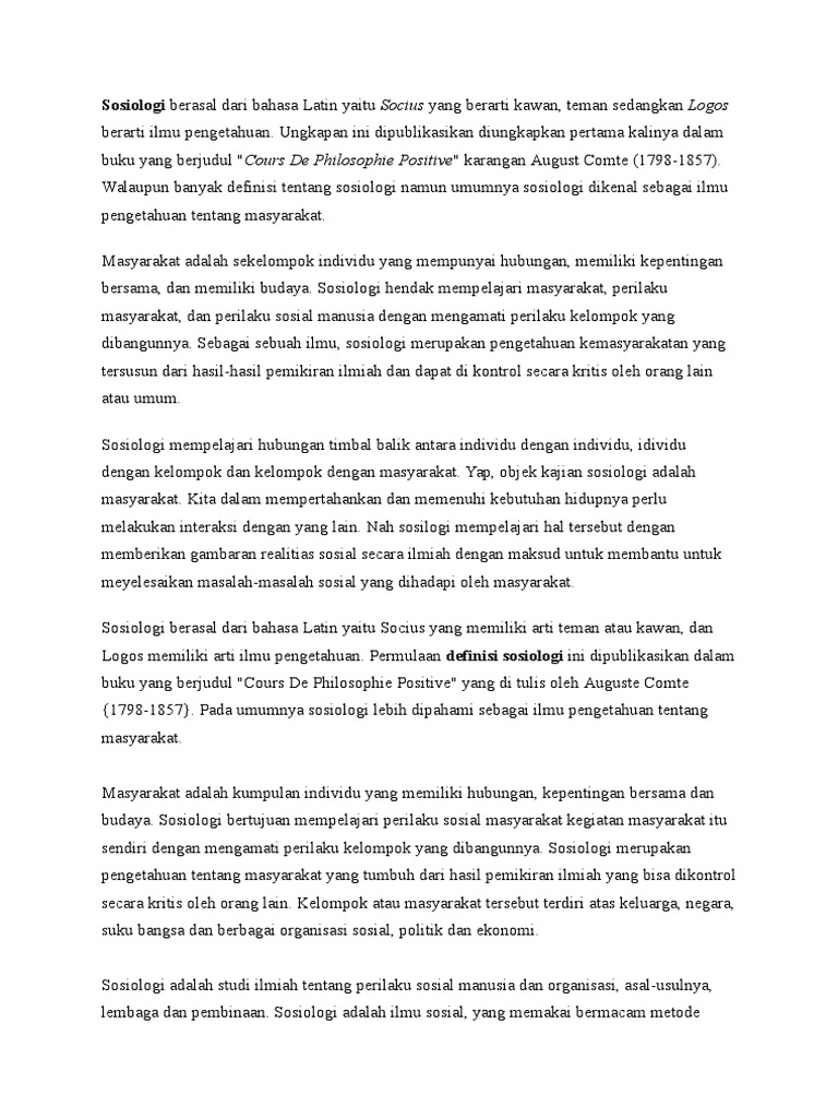 Sosiologi Berasal Dari Bahasa Latin Yaitu Socius Yang Berarti Kawan