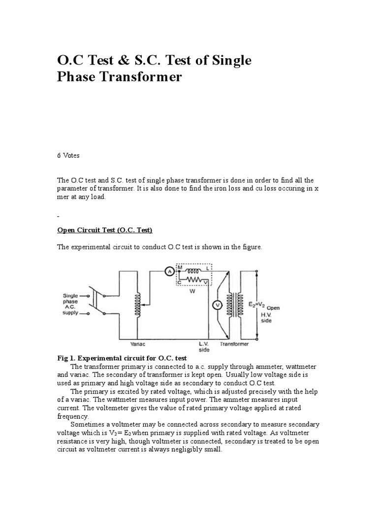 O.C. & S.C. Tests for Single Phase Transformer | PDF | Transformer ...