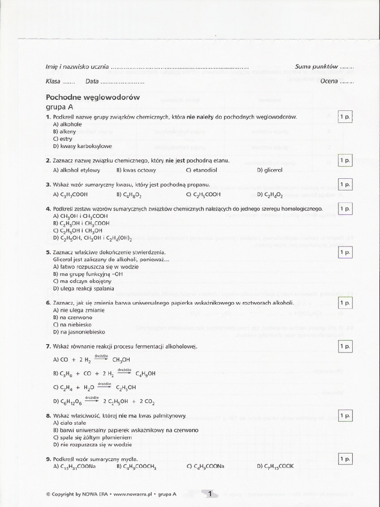 Test Z Chemii Klasa 8 Weglowodory