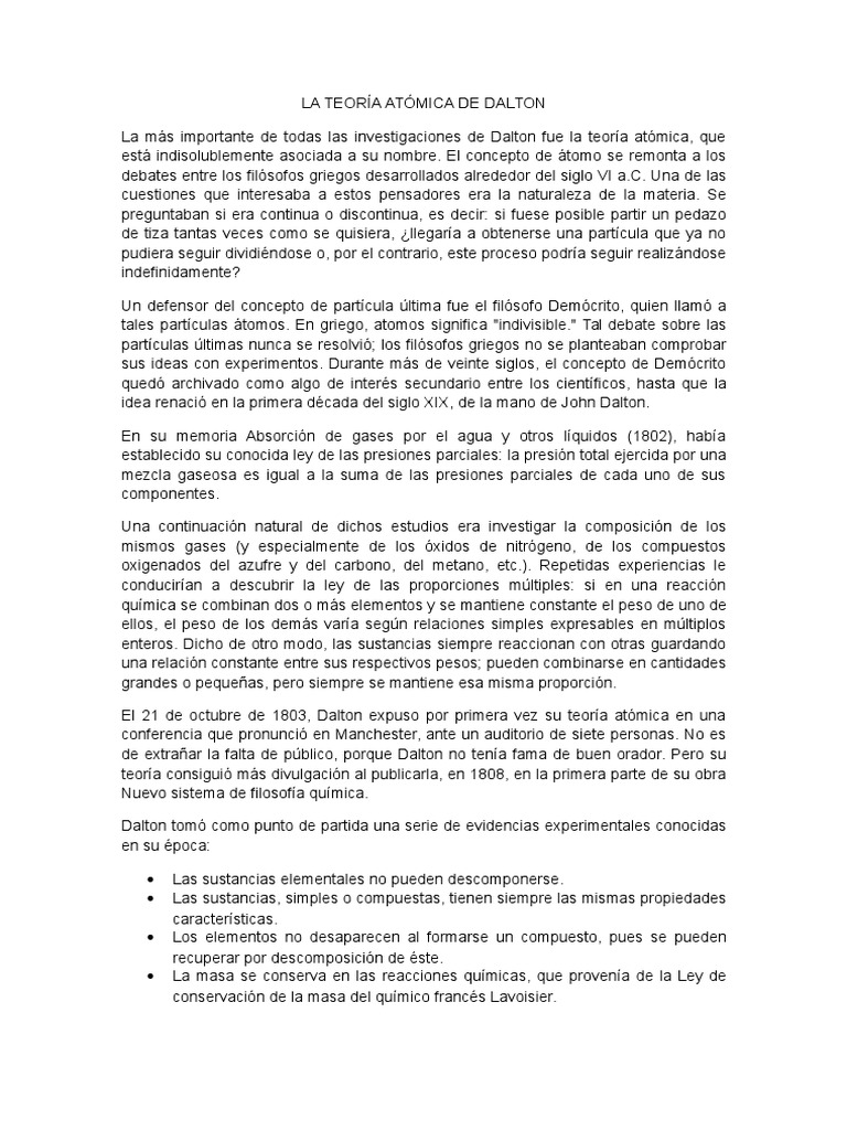 La Teoría Atómica de Dalton | PDF | Átomos | Química