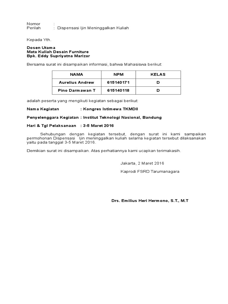 Contoh Surat Dispensasi