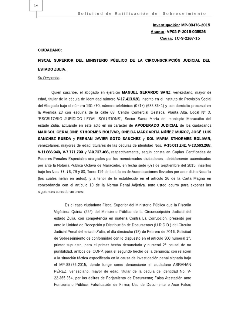 Escrito para Fiscalia Superior Del Ministerio Público (Solicitando La  RATIFICACIaN DEL SOBRESEIMIENTO) | PDF | Ley procesal | Derecho penal