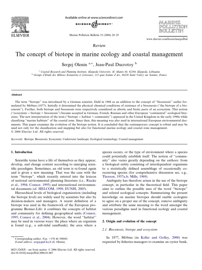 The Concept Of Biotope In Marine Ecology Coastal Management Pdf