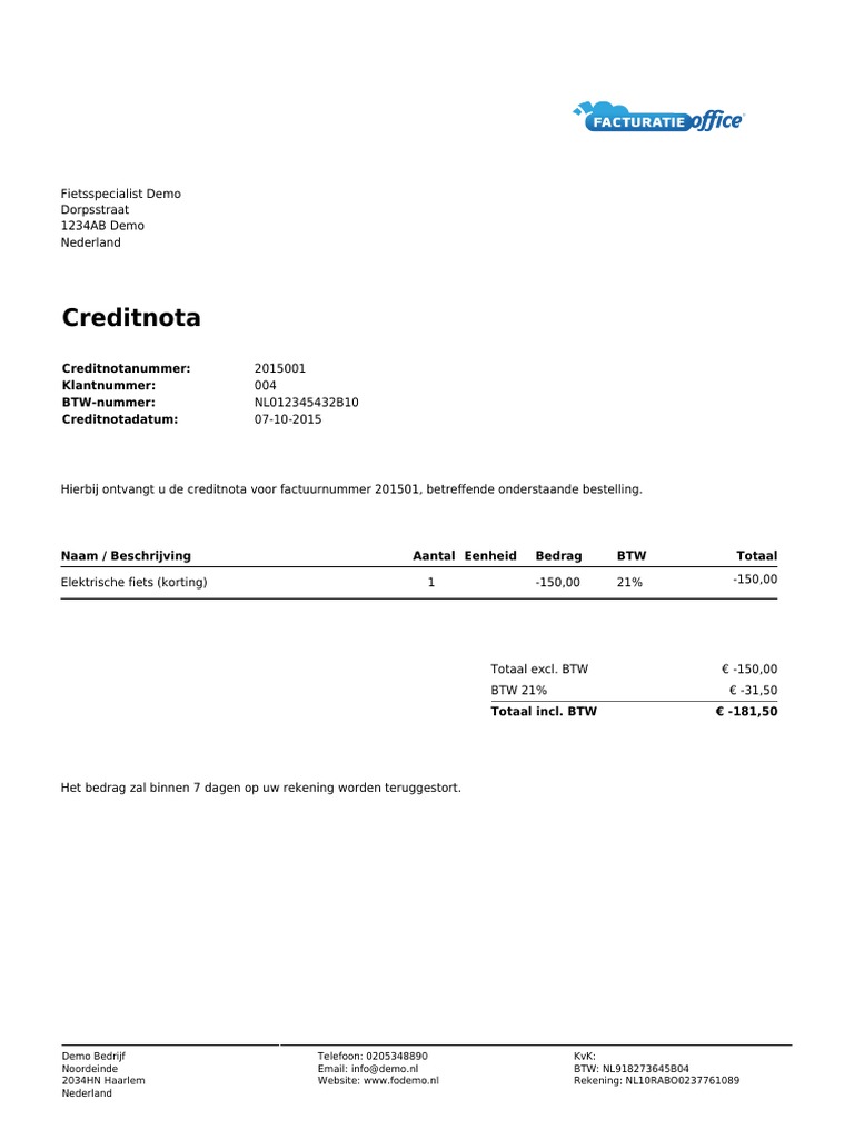 voorbeeld creditnota