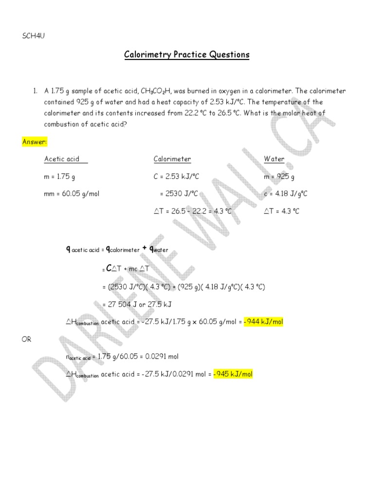 Answers TC Calorimetry Practice Questions Continuum Mechanics