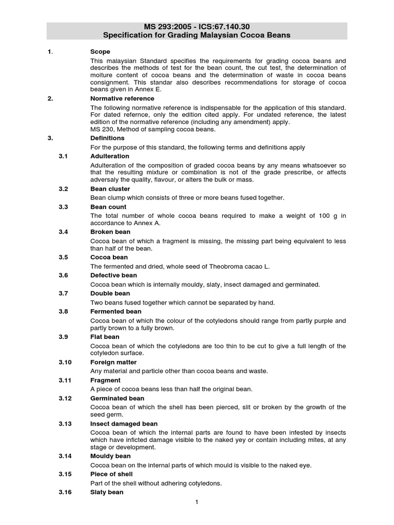 Specification For Grading Malaysian Cocoa Beans Download Free PDF