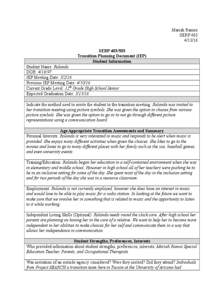 Transition Plan  PDF  Individualized Education Program