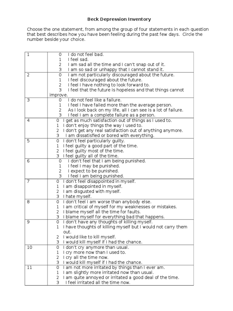 Beck Depression Inventory Overview | PDF | Major Depressive Disorder ...