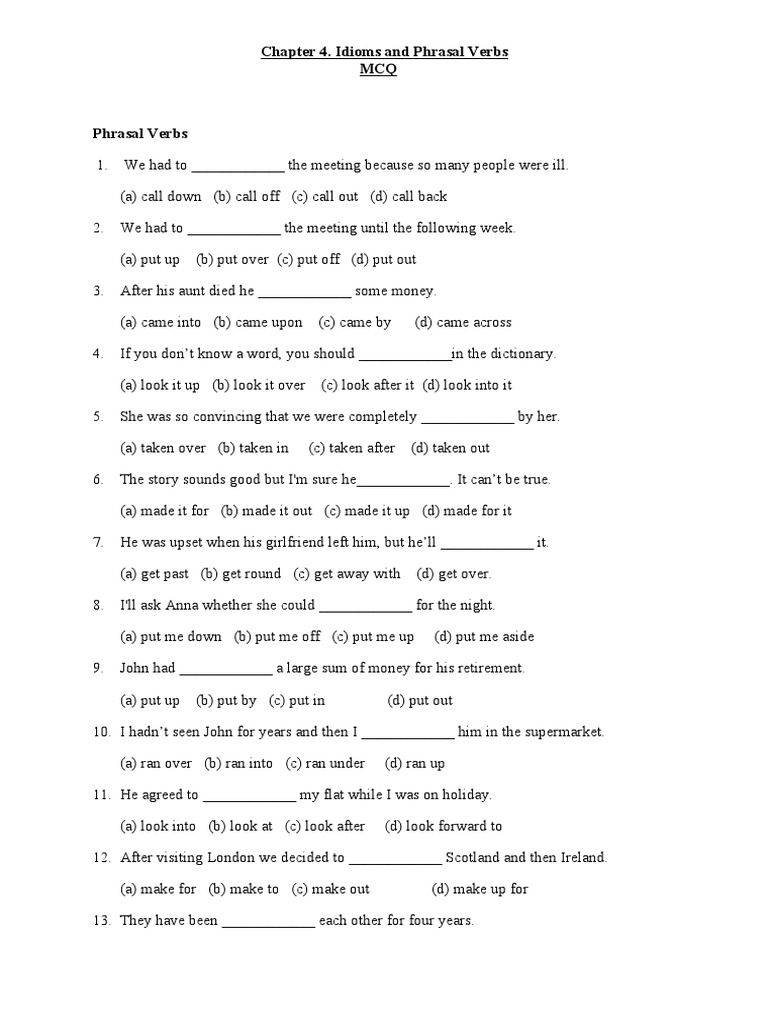 Phrasal Verbs MCQ for Exams | PDF | Language Arts & Discipline ...