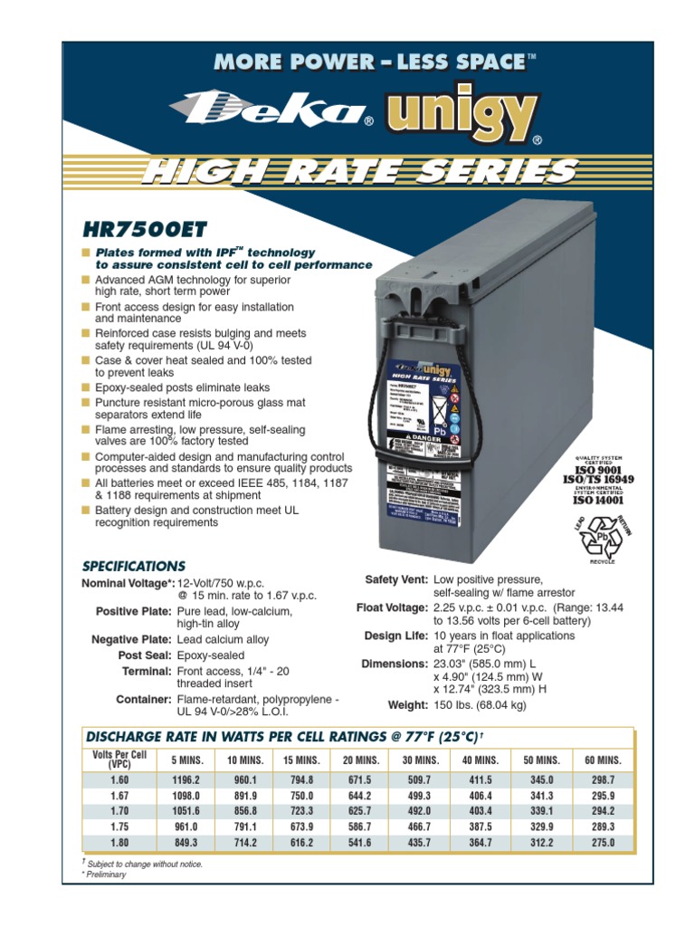 DekaUnigy High Rate Series HR7500ET PDF Electrical Engineering Electricity