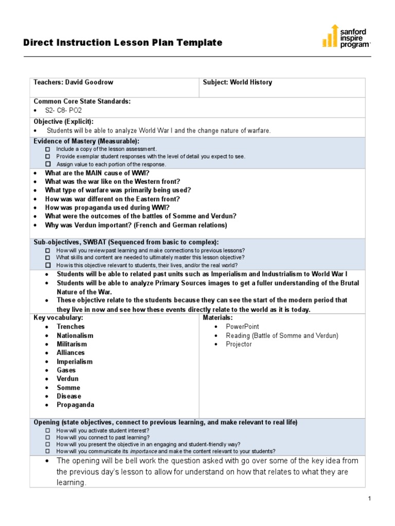 Direct Instruction Lesson Plan Template Wwi | PDF | Educational ...