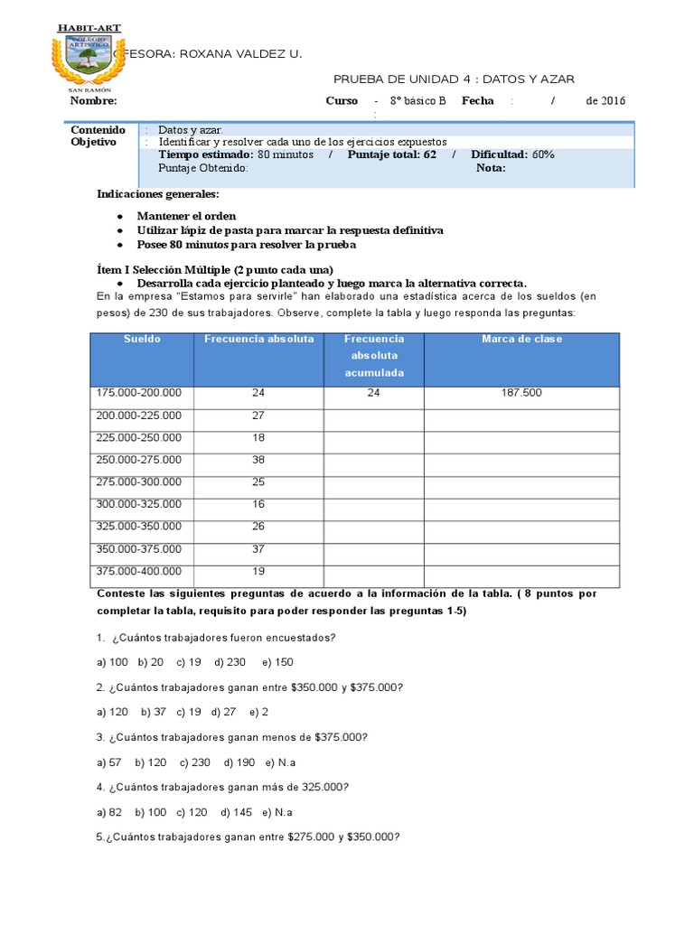 Prueba de Unidad 4 Octavo | PDF | Probabilidad | Enseñanza de matemática