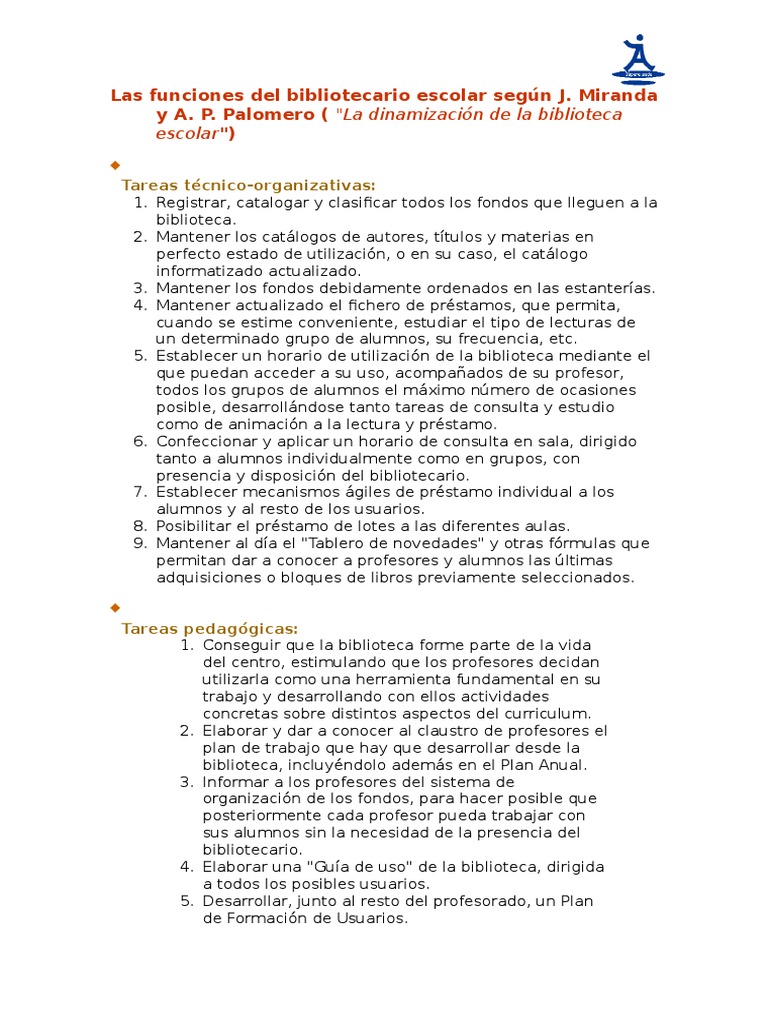Funciones del Bibliotecario Escolar | PDF | Bibliotecas | bibliotecario