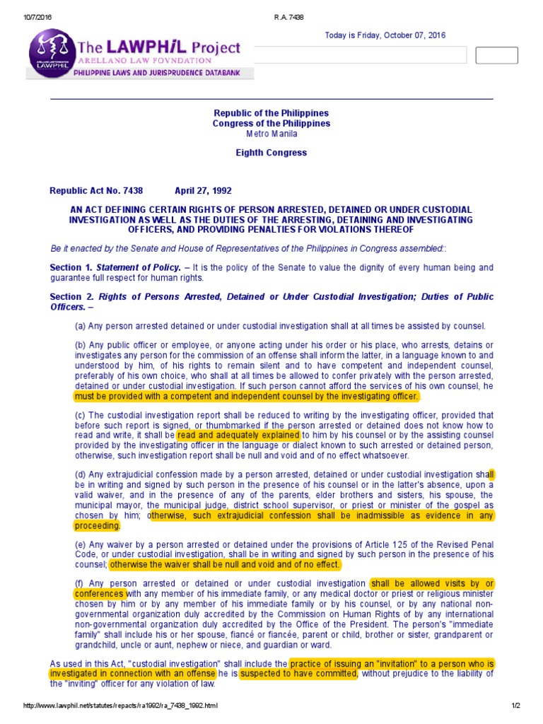 RA 7438: Rights of Arrested Persons | PDF | Miranda Warning | Ethical ...