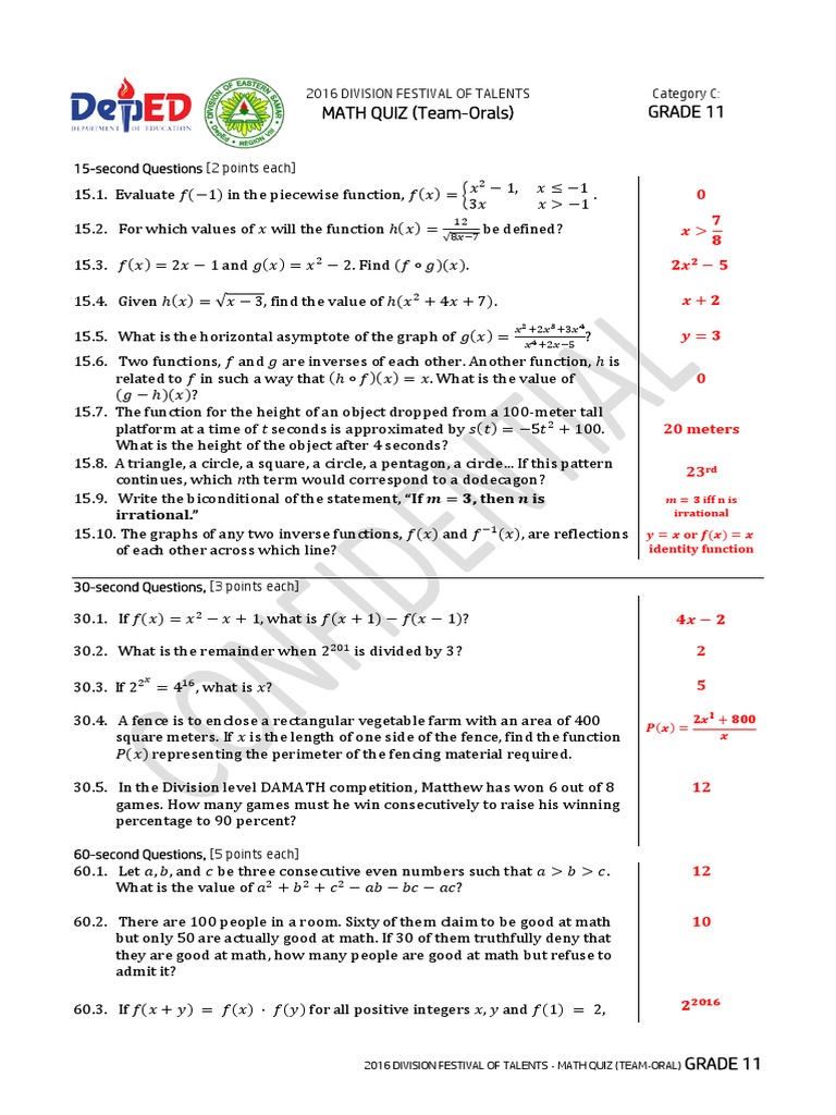 Grade 11 Math Quiz Questions | PDF | Function (Mathematics) | Asymptote