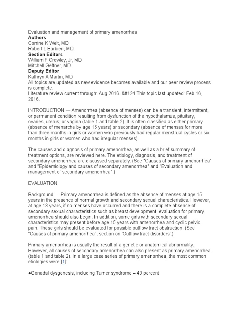 Evaluation And Management Of Primary Amenorrhea Pdf Polycystic