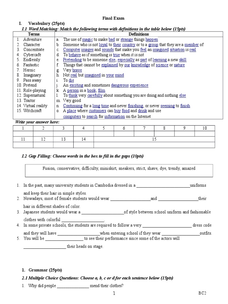 Vocabulary and Grammar Final Exam Guide | PDF | Ellipsis