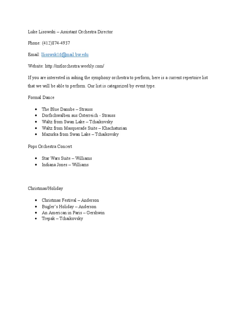 Orchestra Performance Repertoire List | PDF | Orchestras | Classical Music