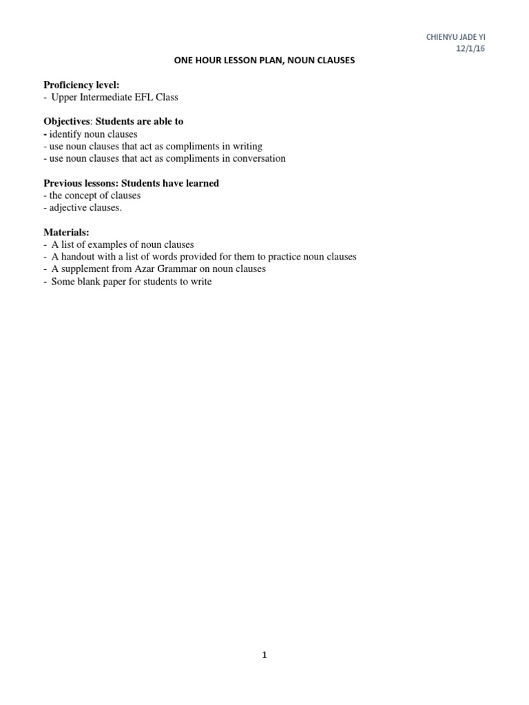 Noun Clauses Lesson Plan for EFL | PDF | Object (Grammar) | Clause